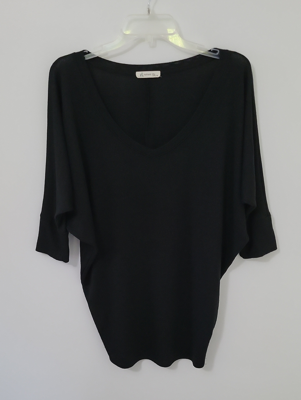 NATURAL LIFE Black V-Neck Dolman Sleeve Top, Size Medium